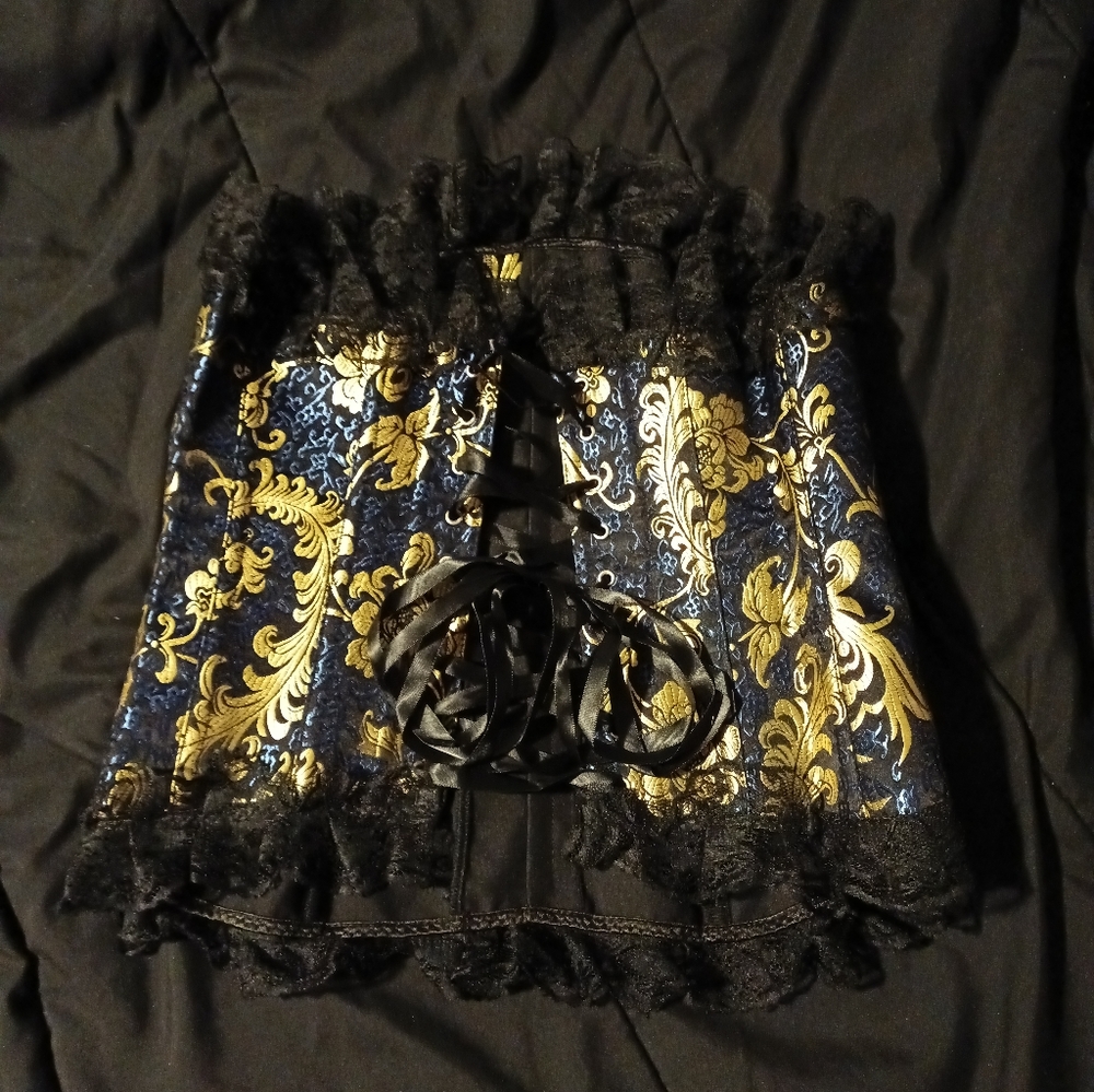 Blue gold black jacquard overbust corset bustier